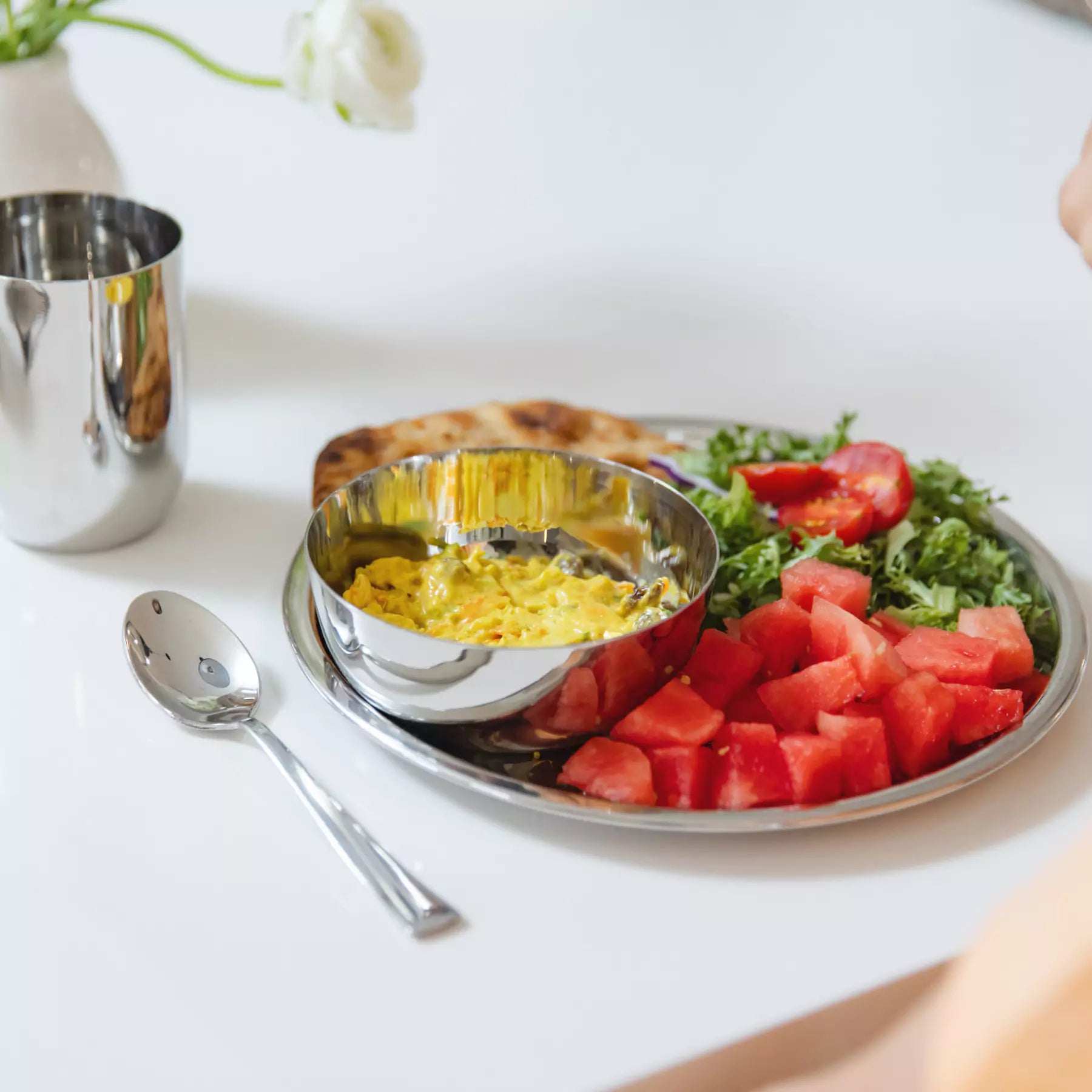 9" round plate, 8 ounce bowl, 8 ounce cup, and spoon